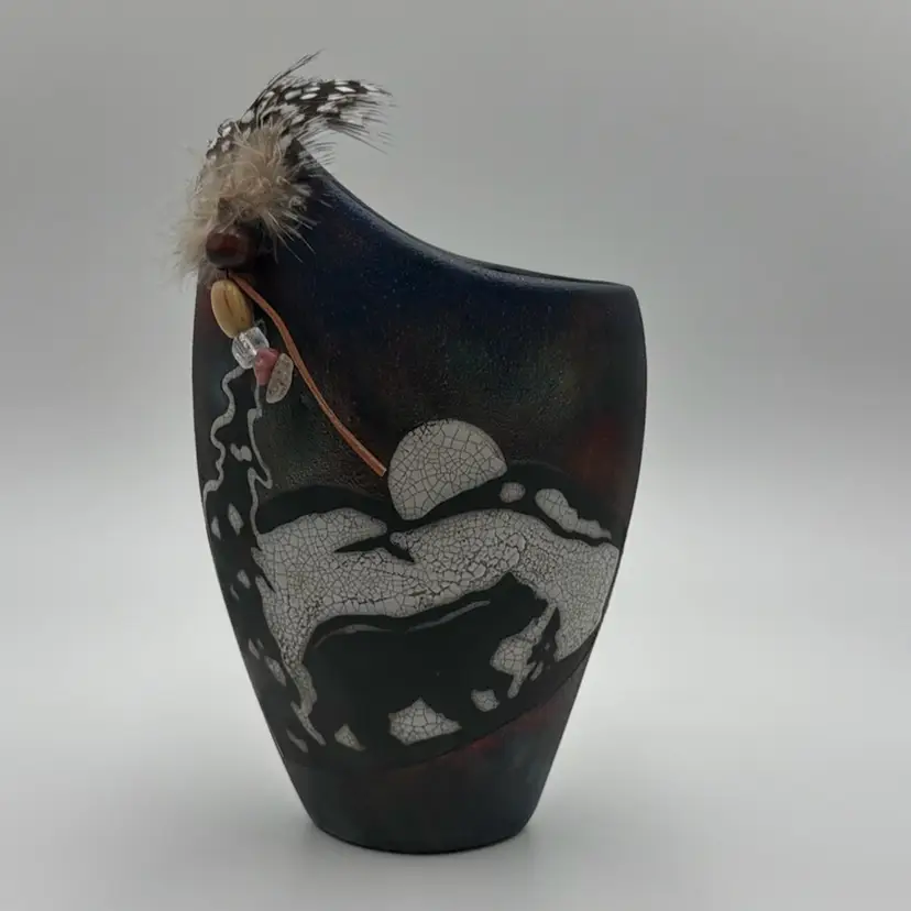Studio Raku Pottery Vase - Moon & Night Sky with Bear Scene - Feathers & Beads Decoration