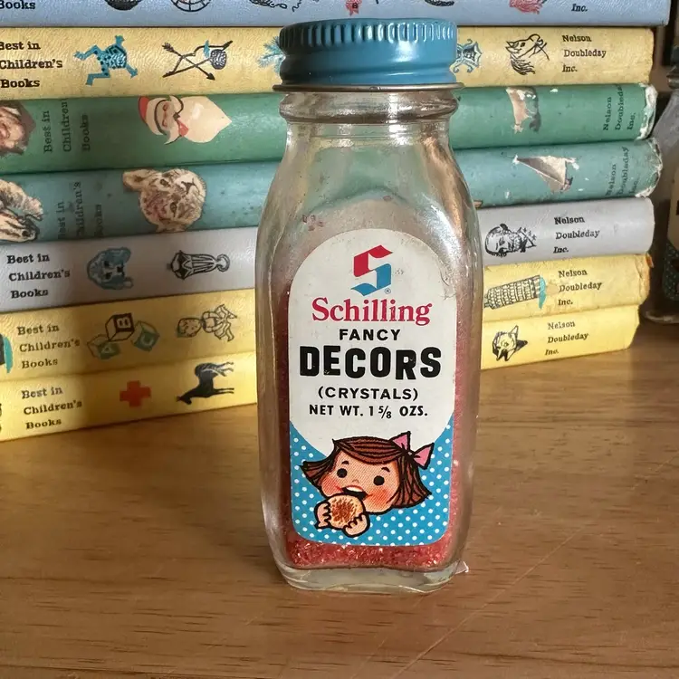 Vintage Schilling Girl Fancy Decor McCormick Red Sugar Bottle Spice Jar