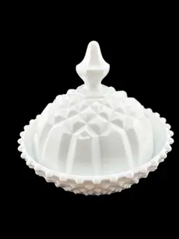 Vintage Milk Glass Covered Candy Dish - Hobknob base and Diamond Cut Lid 5.5" Tall x 6" Wide