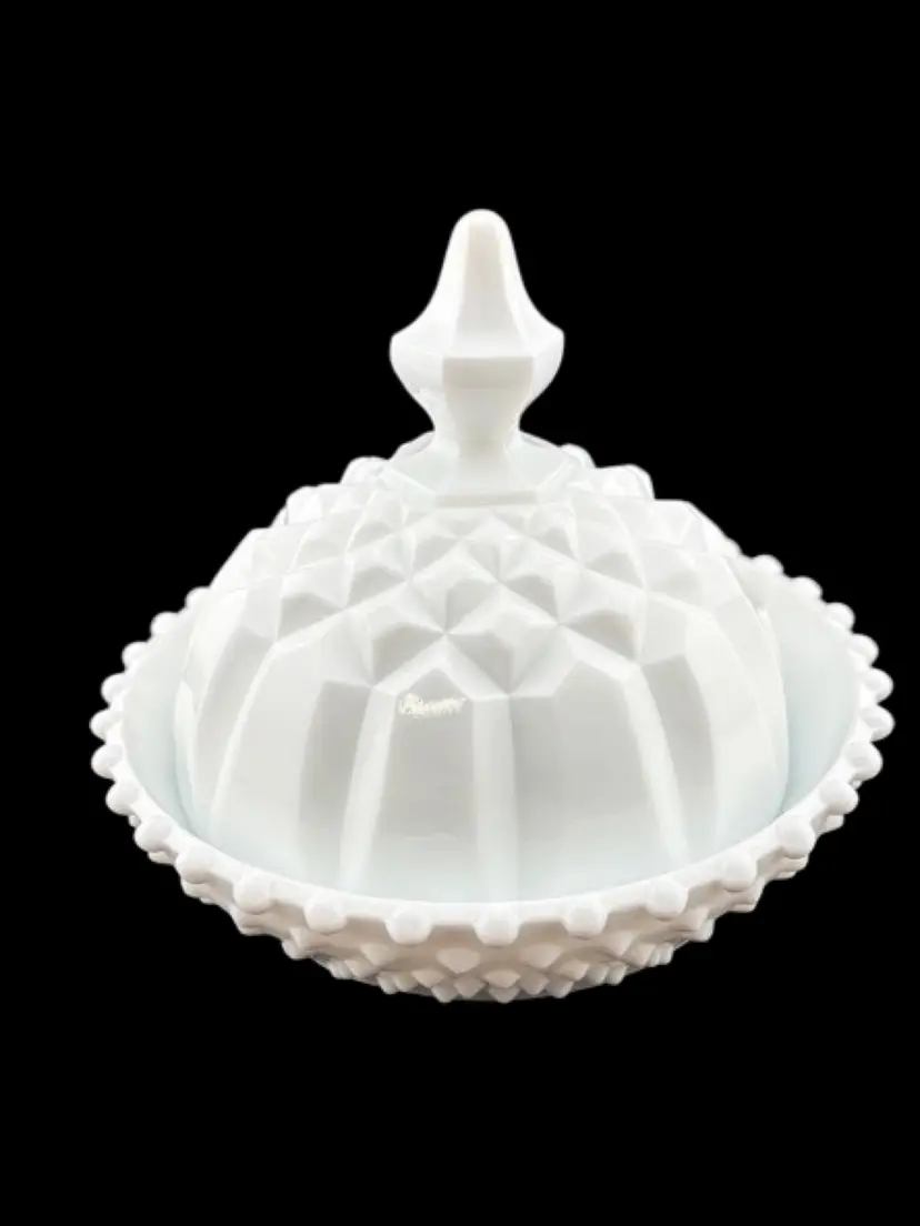 Vintage Milk Glass Covered Candy Dish - Hobknob base and Diamond Cut Lid 5.5" Tall x 6" Wide