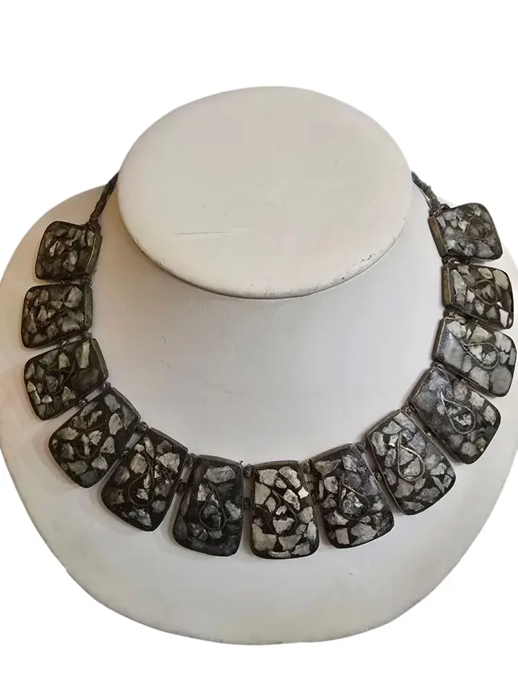 Vintage India? Mosaic Style On Brass And Cord Necklace (A9463)