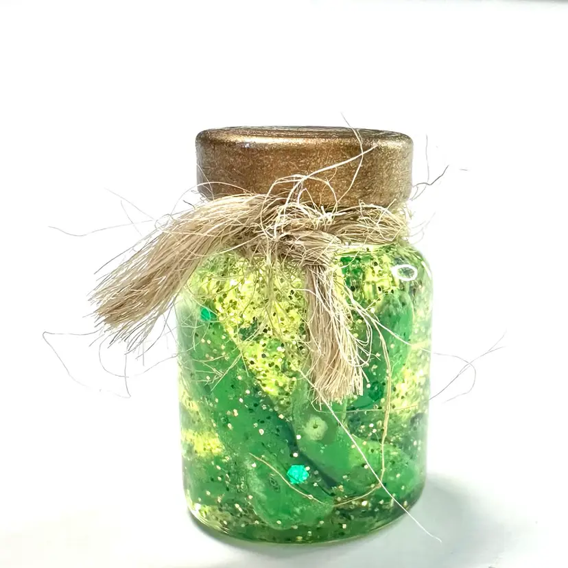 Gold Lid Miniature Pickle Jar Trinket Handmade .75” H