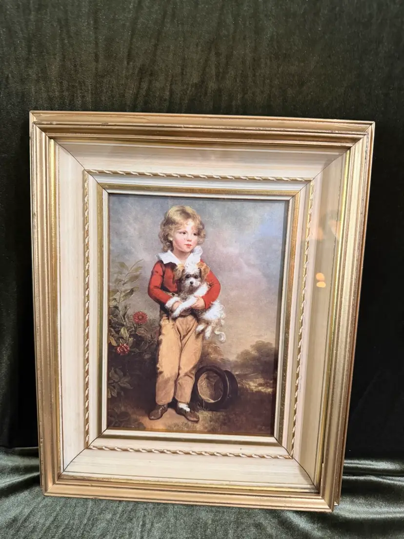 Vintage wood framed “Boy With Dog” Print. ~12” x 9”
