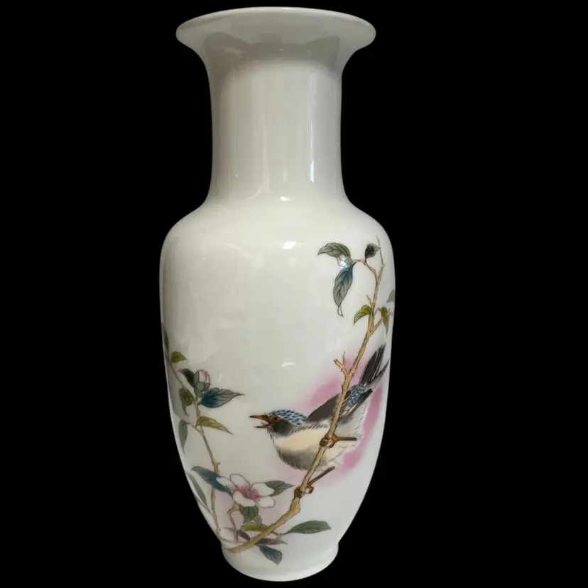 Mid-Century -Japanese Porcelain Vase with Bird & Cherry Blossom- Gold Rim- 10”