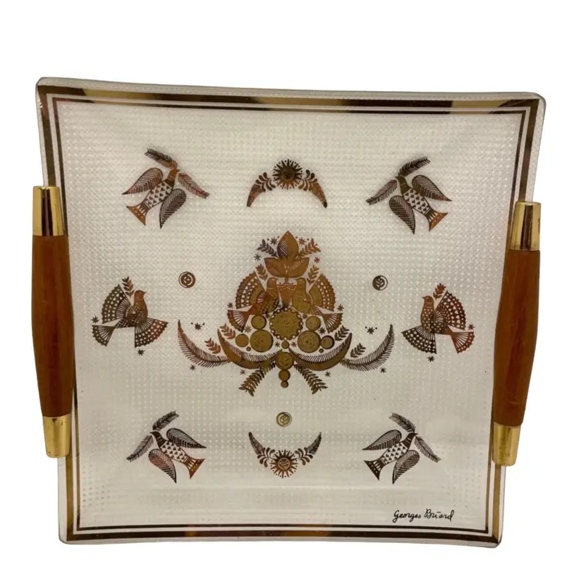 Vintage MCM George Briard Sonata (Doves) Pattern Serving Tray with Wood Handles, Gold Design on Bent Formed Glass