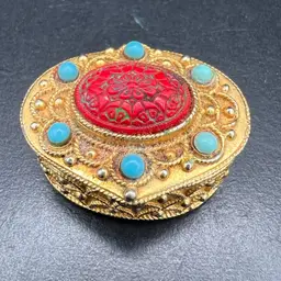 030. Vintage Florenza Pill Box w/ Large CARVED CINNABAR & FAUX TURQUOISE Beautiful!