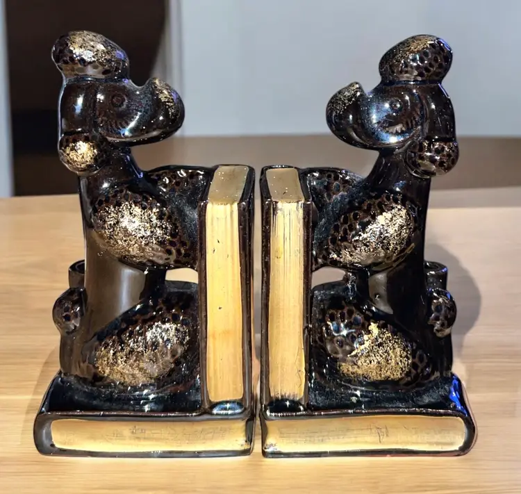 Pair Ceramic Redware Black Poodle Dog Bookends -Pencil/Pen Holder -Japan VTG