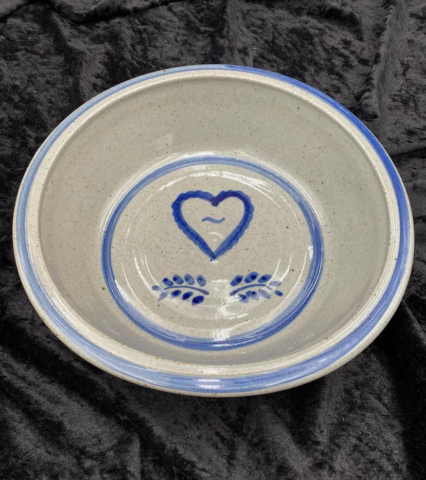 Vtg. Mark Essig Salt Glaze Studio Pottery Bowl, Blue Heart & Flowers, 10.25"