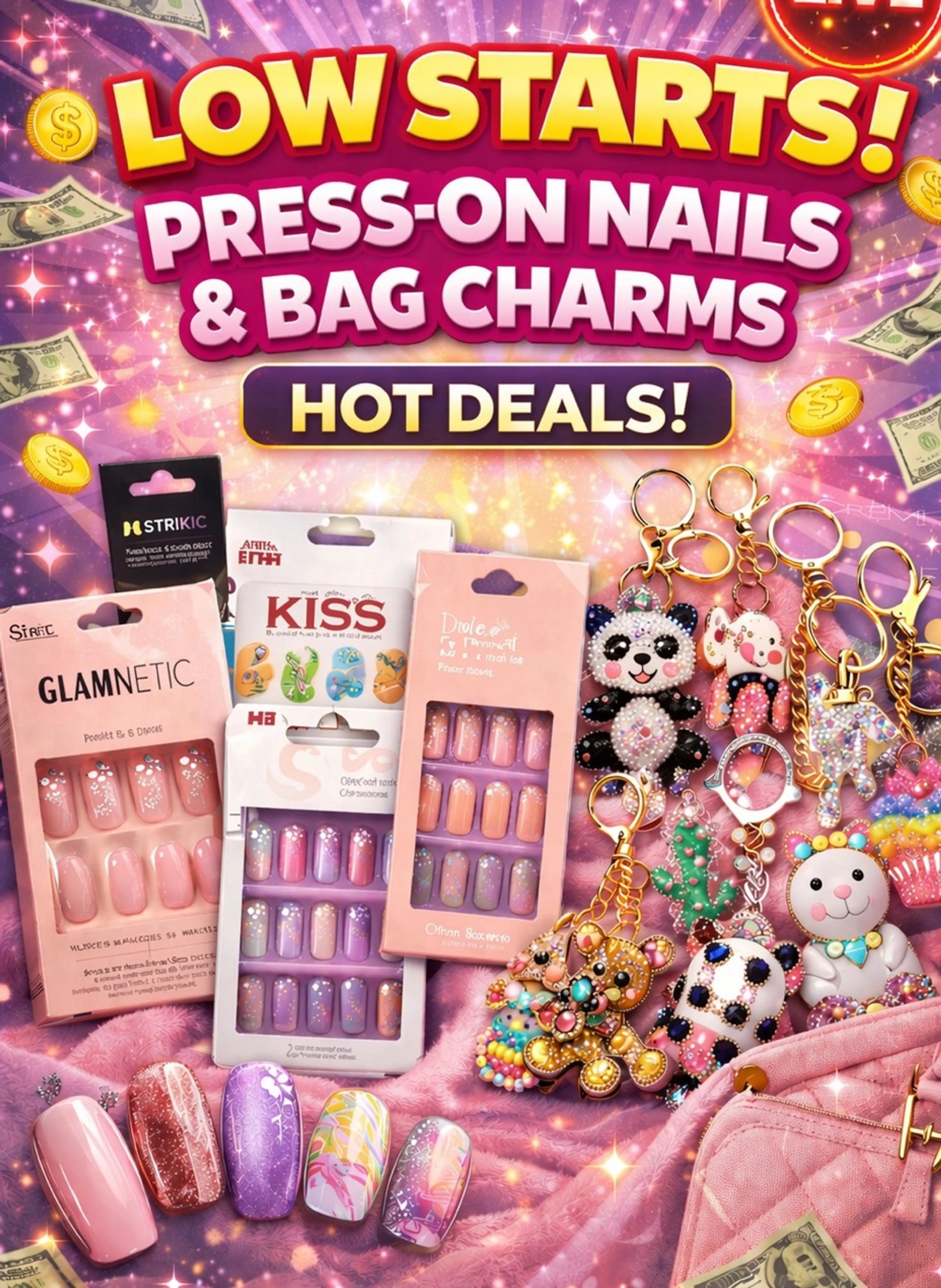$3 Press On Nails, $5 Bag charms, $3 Key Chains