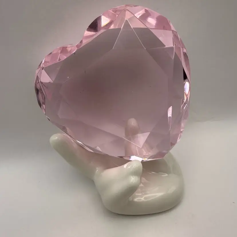 Pink Rosenthal Crystal Heart Paperweight With Stand