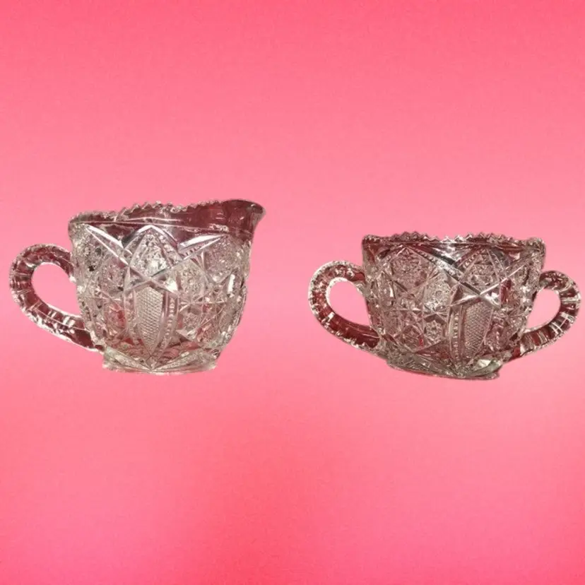 McKee Fentec PresCut EAPG Glass Crystal Cream & Sugar Bowl Set Saw Tooth Edge