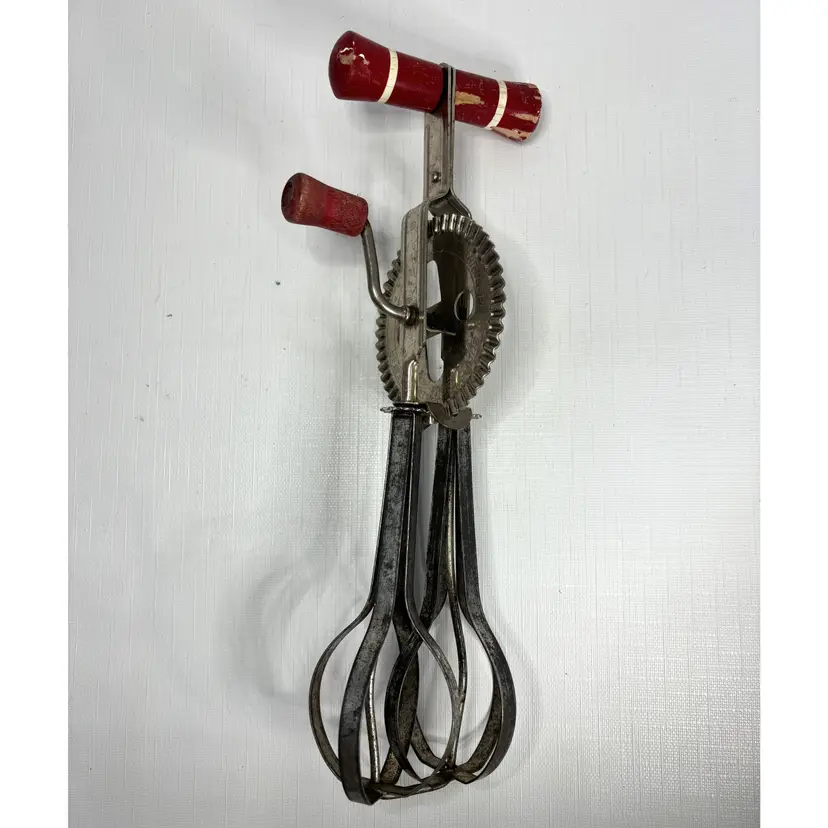 Hand Mixer Egg Beater Whisk Red Wood Handle Made USA Farmhouse Vintage
