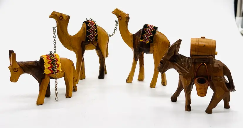 Vintage Hand Carved Wooden Camel Caravan With Donkeys