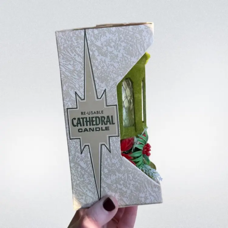 Vintage NOS Flocked Cathedral Candle In Avocado Green For Christmas