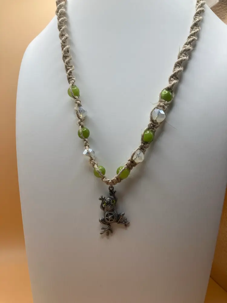 Steampunk Green Frog Hemp Necklace