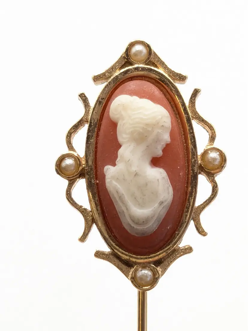 Vintage Avon Cameo Stick Pin with Gold Tone and Pearl Accents