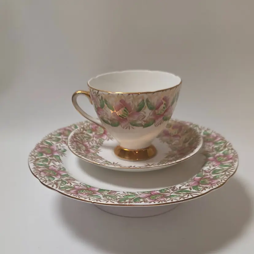 Vtg Gladstone Tea Cup Saucer and Luncheon Plate Bone China c. 1930s Pink & Gold