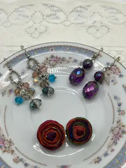 Colorful Earring Lot Handmade Paper Rose, Faceted Pastel Bead Dangles, Acrylic