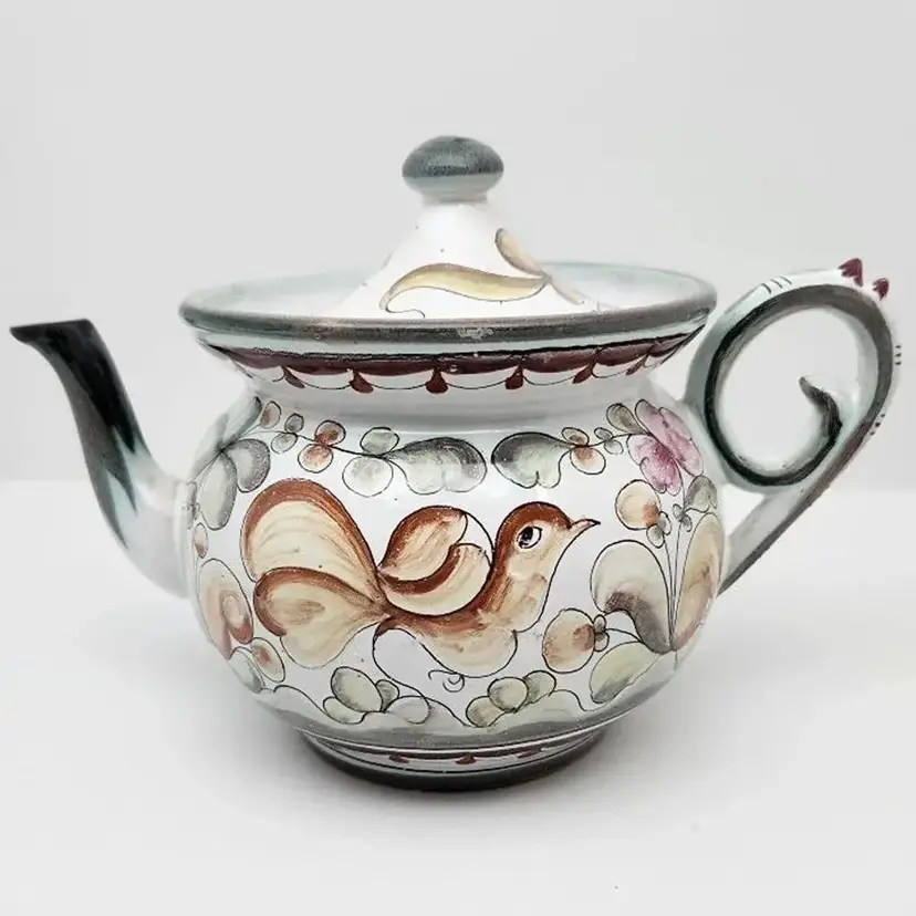 Hand Painted Ceramic Teapot with Flowers and Birds, Portugal