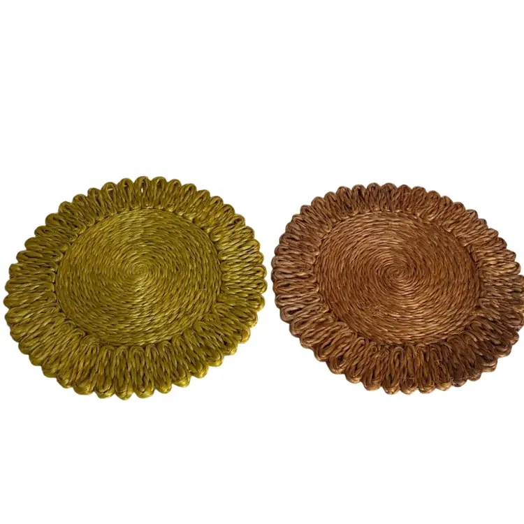 Set Of 2 Round Straw Hot Pads Yellow and Brown 10” Diameter Spots On Back Side