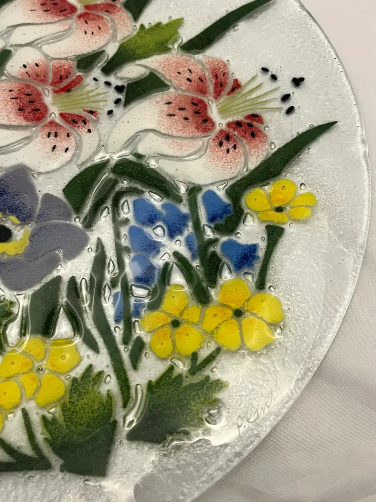 Peggy Karr Fused Art Glass Platter, Spring Florals, Large 14” Vintage EUC