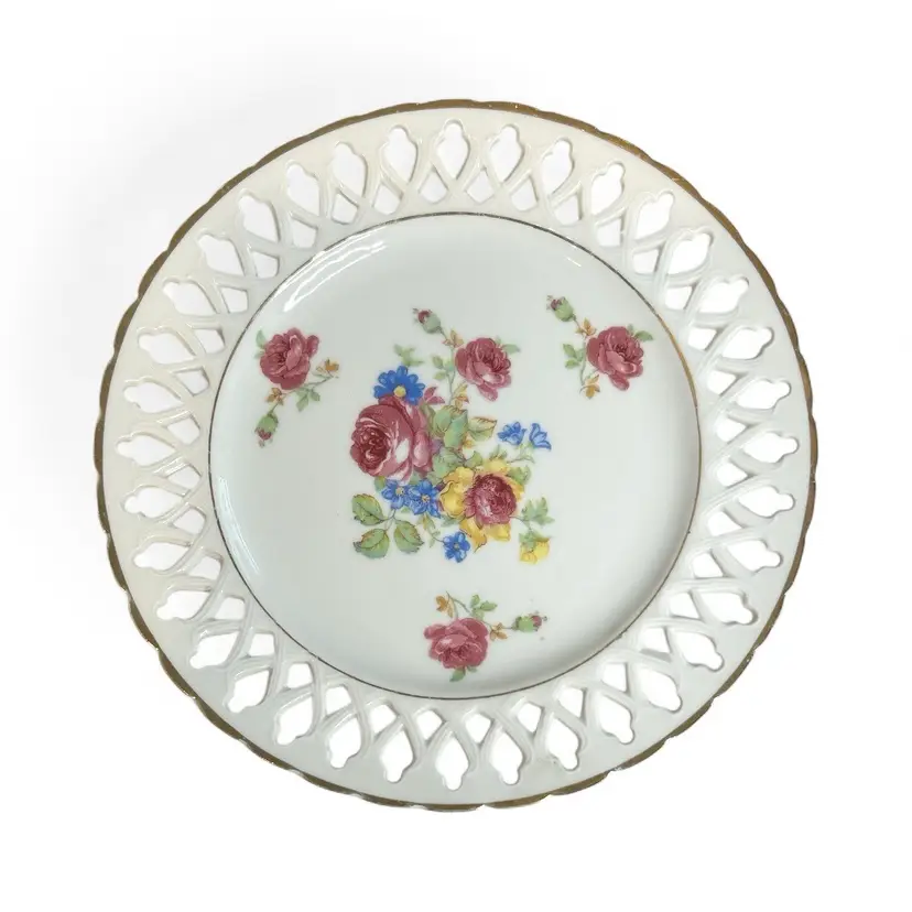 Vintage Hand Painted MK Design Registered Reticulated Plate Pink & Blue Flowers