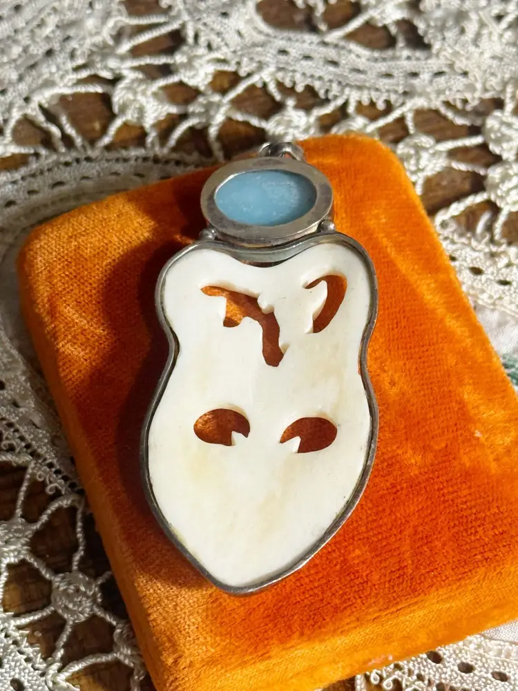 Sterling Silver Bone Carved Face Pendant With Blue Gemstone Pendant 2.5”