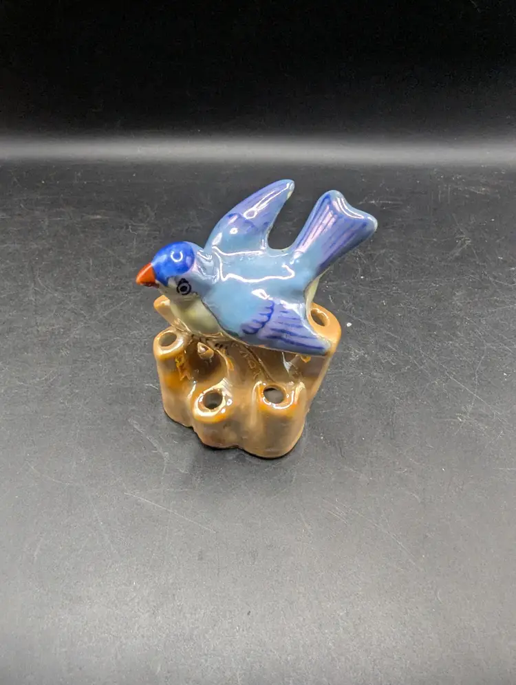 Vintage Lusterware 6 Hole Flower Frog Vase Blue Bird Figurine Mid-Century Modern Japan 3".