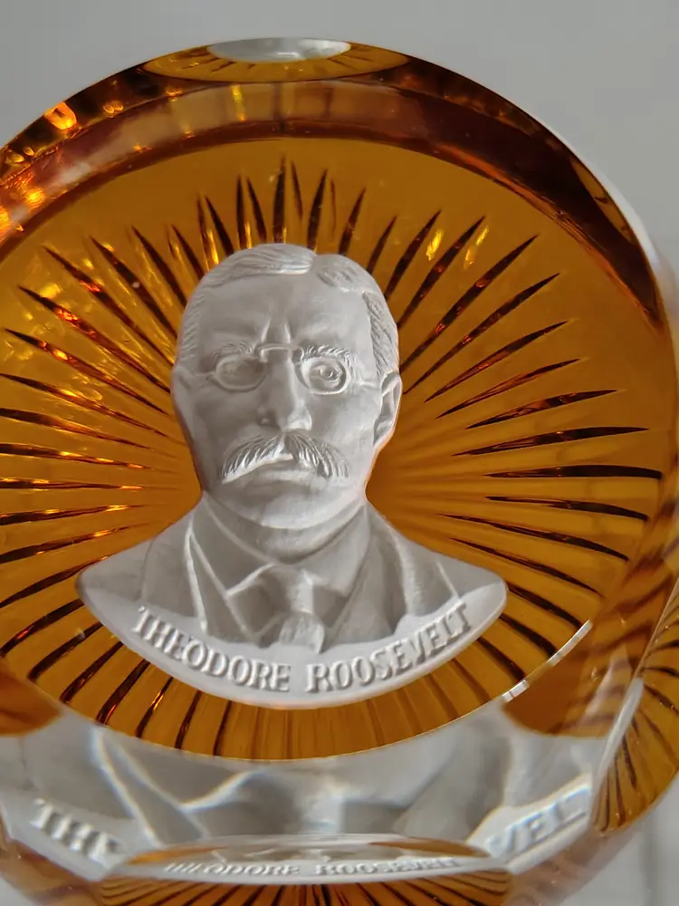 Vintage Baccarat for Franklin Mint Sulfide Cameo Paperweight, Theodore Roosevelt, c1980, GLOWS