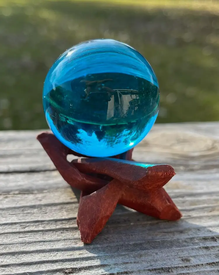 Blue Glass Orb Ball Sphere on Wood Stand