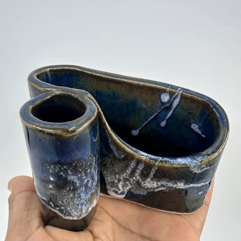 Blue Glazed Pottery Desk Caddy Signed 4”