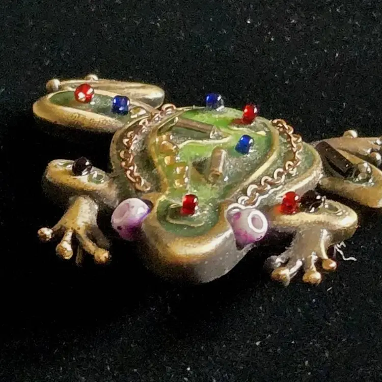 Vintage Unique Green Enamel Frog Multi Media Brooch Pin • 2"