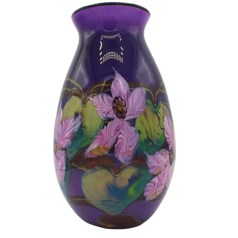 Fields Art Glass Vase Signed Hand Blown Studio Art Purple Pink Floral Botanical Design