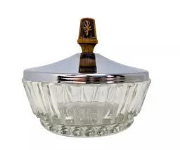 MCM Vintage Pressed Glass with Silver Lid Candy Trinket Jewelry Nuts Covered Dish