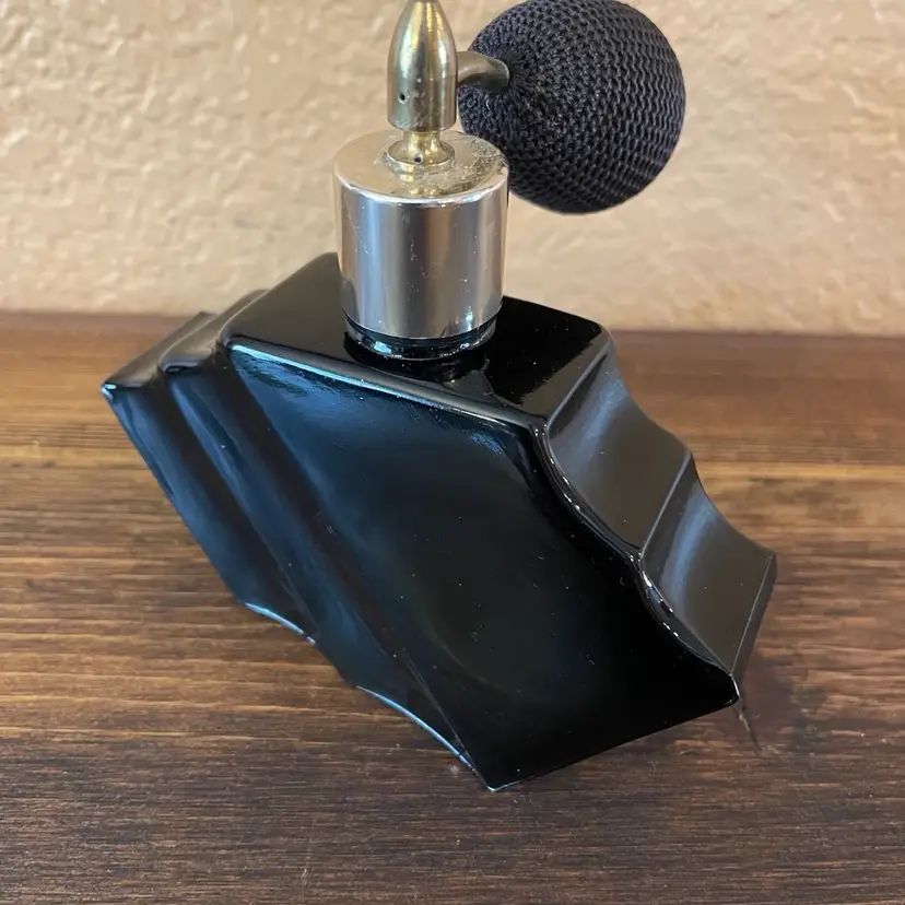 #02 Perfume Bottle W/Atomizer Black Glass Art Deco Vintage