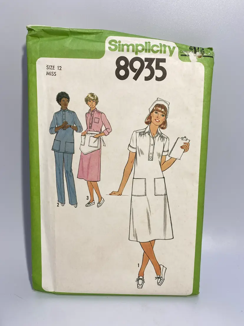 Vintage Simplicity Sewing Pattern 8935 Size 12 Misses Pullover Dress or Tunic. Pants and Apron 1979