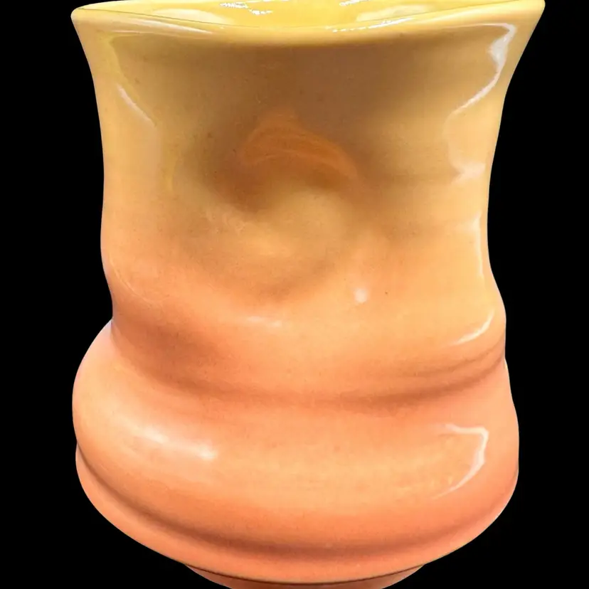 Signed Studio Art Pottery Handleless Coffee Mug Cup Ombre Yellow Orange Coral