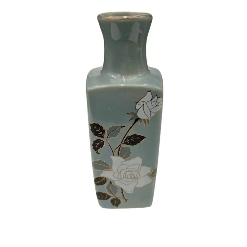 Vintage Japan Ceramic Bud Vase, Soft Blue Gray w/White Roses, Gold Gilt, 4.5”