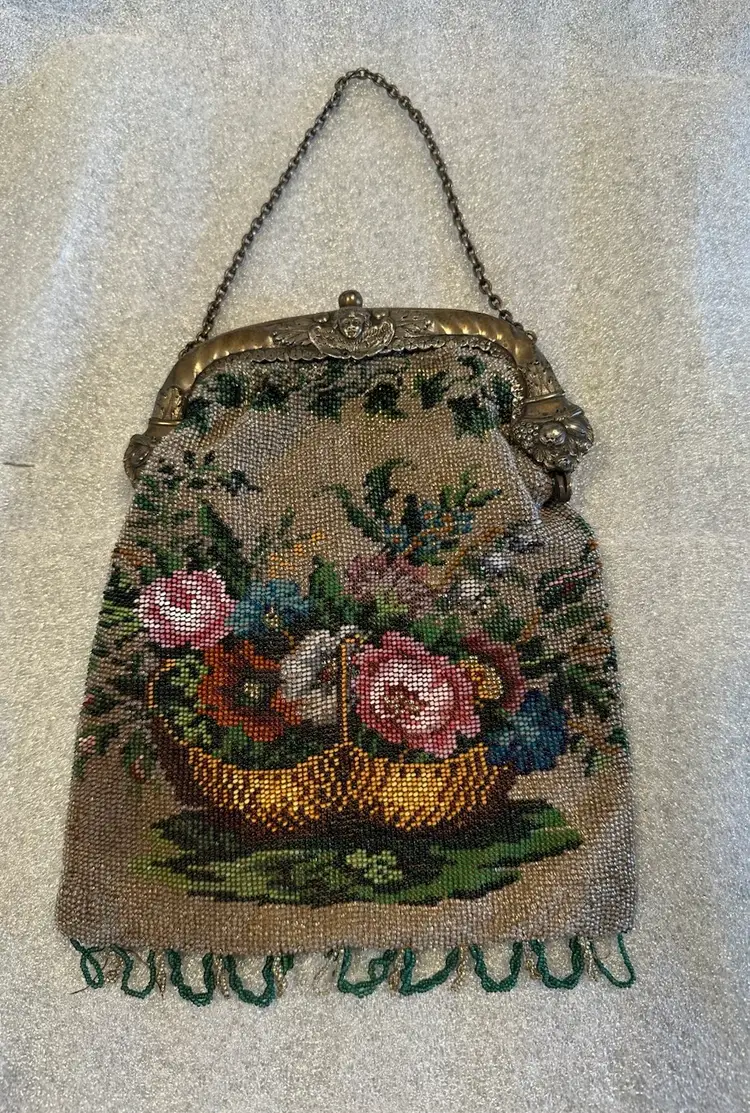 Antique Victorian Beaded Purse with Sterling Frame Cherub Fruit Flower Basket