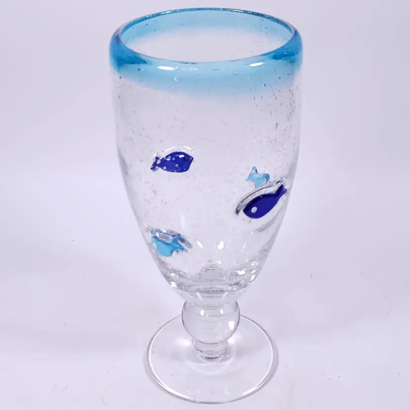 Mexican Hand Blown Fish Ocean Cobalt Blue Clear Bubbles Ball Stem GLASS TUMBLER