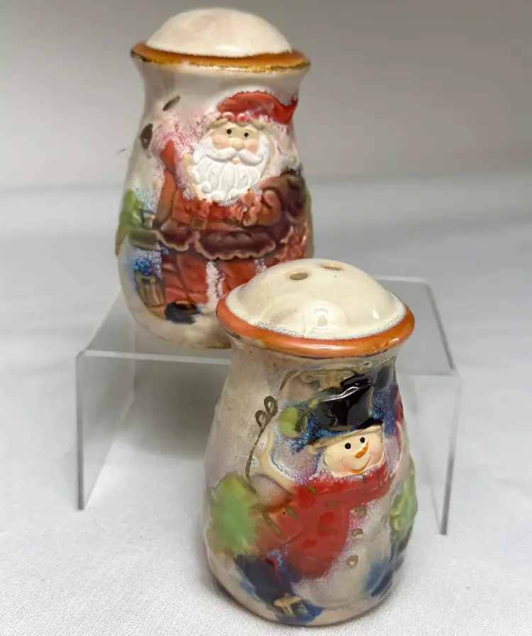 Santa And Snowman Salt and Pepper Ceramic Shakers Vintage