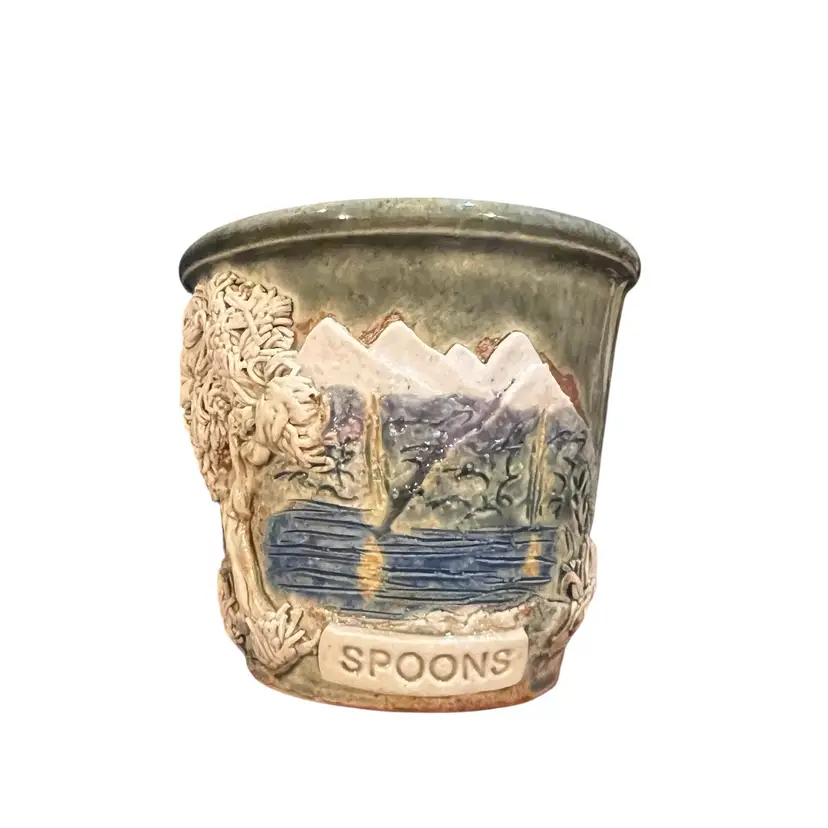 Vintage Dovedale New Zealand Pottery Spoon Holder – Mountain & Lake Scene – 4” x 3.5”