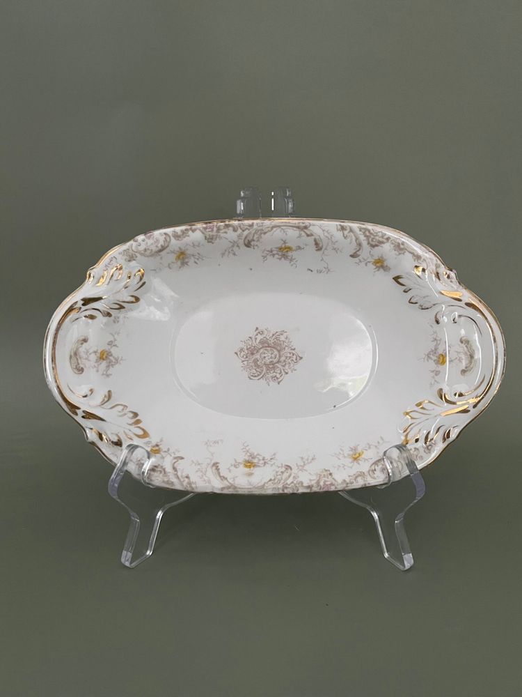 Antique Henry Alcock Semi-Porcelain 8”Oval Shaped Dish: Yellow Roses & Pink Carnations
