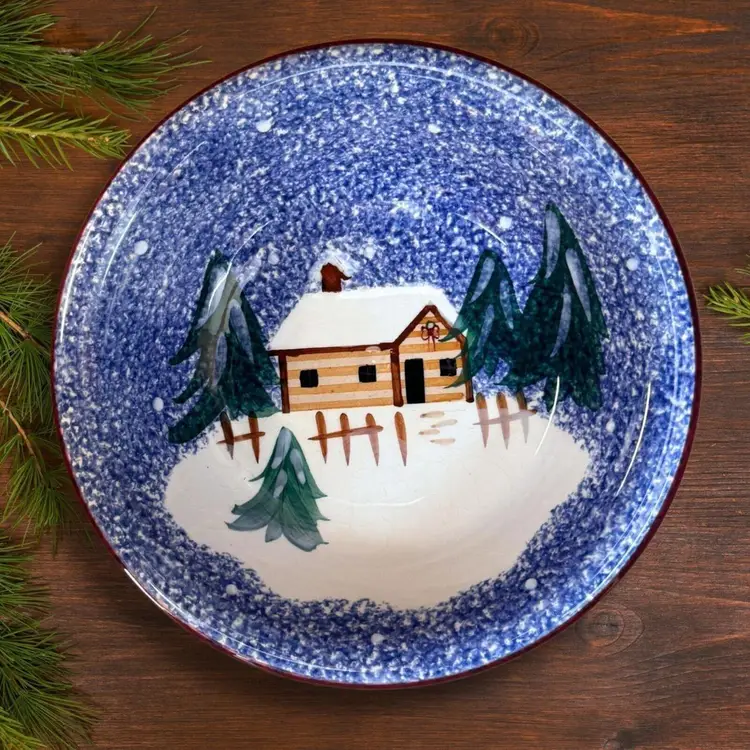 Vintage Holiday Holly Mountain Lodge 8" Bowl Holiday Winter Scene Living Quarters CRAZING