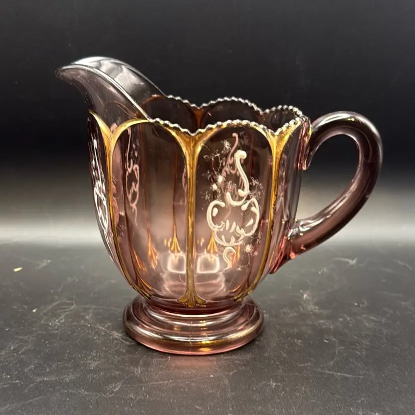 Antique Northwood "Nestor" Pattern Creamer in Amethyst Glass with Enameled Decoration - glows