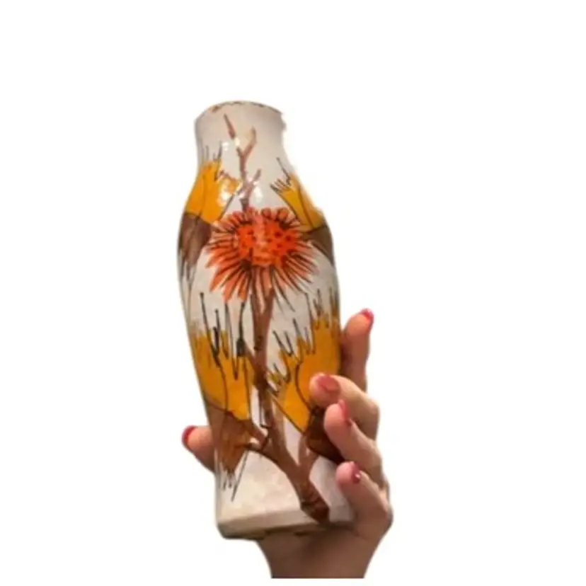 Italian Art Pottery Painted Orange And Yellow Leaves Measures 9”x3.5”