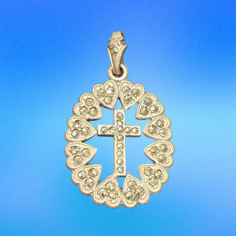 Vintage Sterling Silver Marcasite Cross with Heart Surround Pendant, 1.5”, 4g