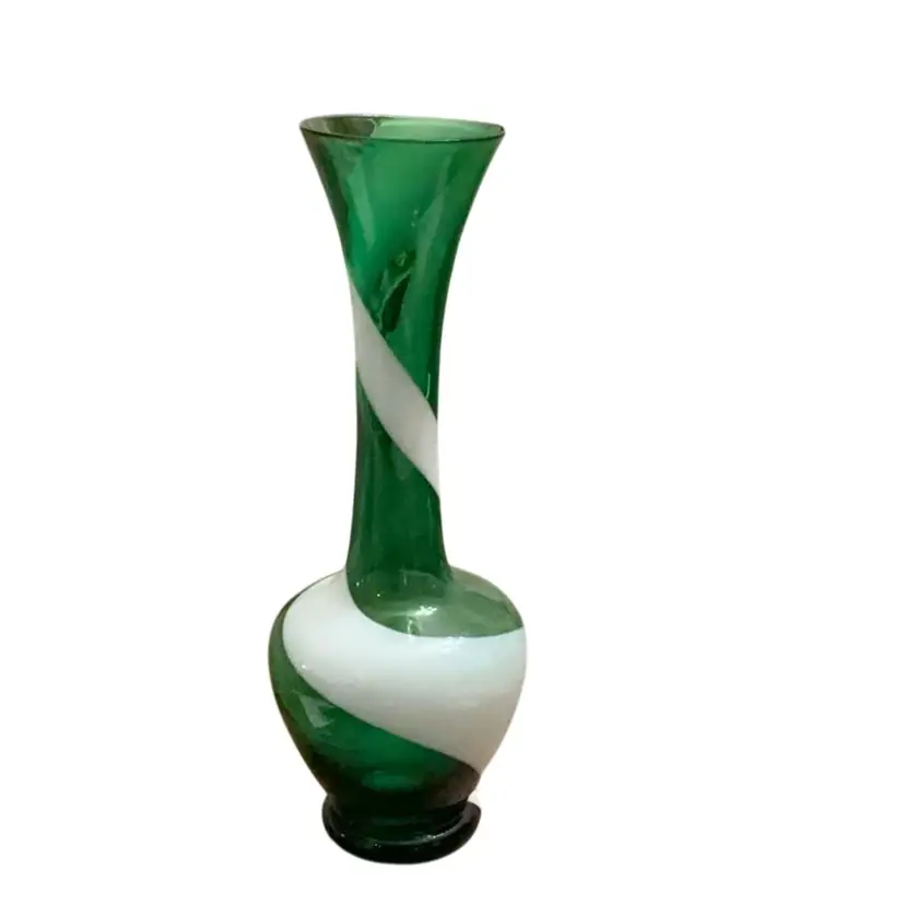 Vintage MCM Emerald Green And White Swirl Art Glass Bud Vase 8” X 3 1/2”