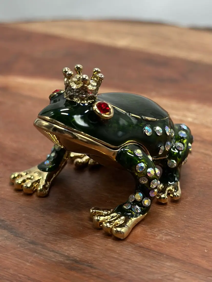 Enamel Rhinestone Eyes Prince Frog Trinket Box Iridescent Stones