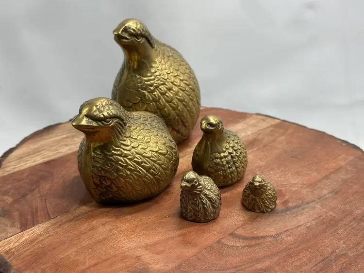 Vintage MCM Brass Quail Set Of 5 Bird Figurines Partridge Babies Mom Dad